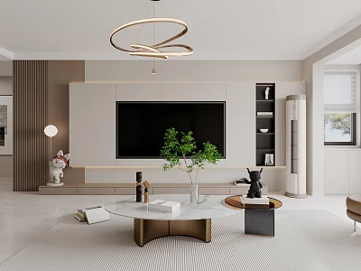 Modern Bright Minimalist Living Room With Elegant TV Background Wall And Marble Coffee Table Design 3d model