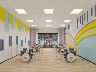 Kindergarten Music Classroom Featuring Colorful Walls Multiple Drum Sets Wooden Floor And Ceiling Lights 3d model