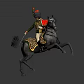 Military Soldier In Green Uniform Riding Rearing Gray Horse With Decorative Saddle Pad