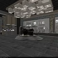 Cultural Center Interior Design With Exhibits Wall Displays Circular Platform And Pendant Lights