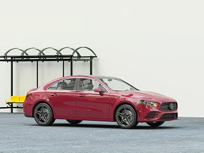 Red Modern Sedan Parked Near Bus Stop With Sleek Exterior And Yellow Seats 3d model