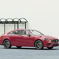 Red Modern Sedan Parked Near Bus Stop With Sleek Exterior And Yellow Seats
