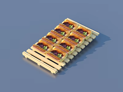 Multiple Fresh Packaged Sandwiches Arranged on Wooden Tray for 3d model