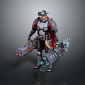 Game Movie Character Cowboy Style Armored Outfit With Red Cape And Large Mechanical Weapons
