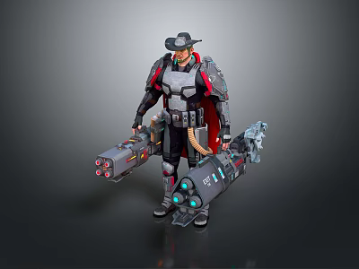 Game Movie Character Cowboy Style Armored Outfit With Red Cape And Large Mechanical Weapons 3d model