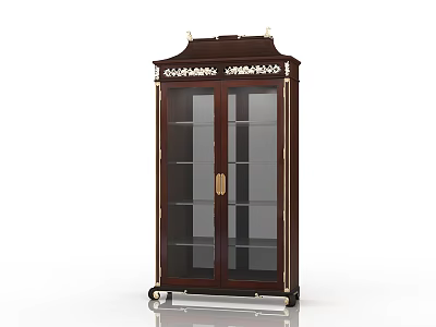 Dark Wood Display Cabinet With Glass Doors Decorative Top And Wheels 3d model