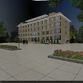 Modern Office Building With Stone Facade Large Glass Windows Trees Flower Beds And Front Plaza