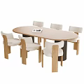 Modern Oval Wooden Dining Table With Six White Upholstered Chairs And Open Book On Top