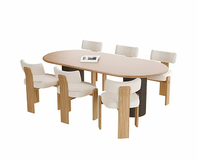 Modern Oval Wooden Dining Table With Six White Upholstered Chairs And Open Book On Top 3d model