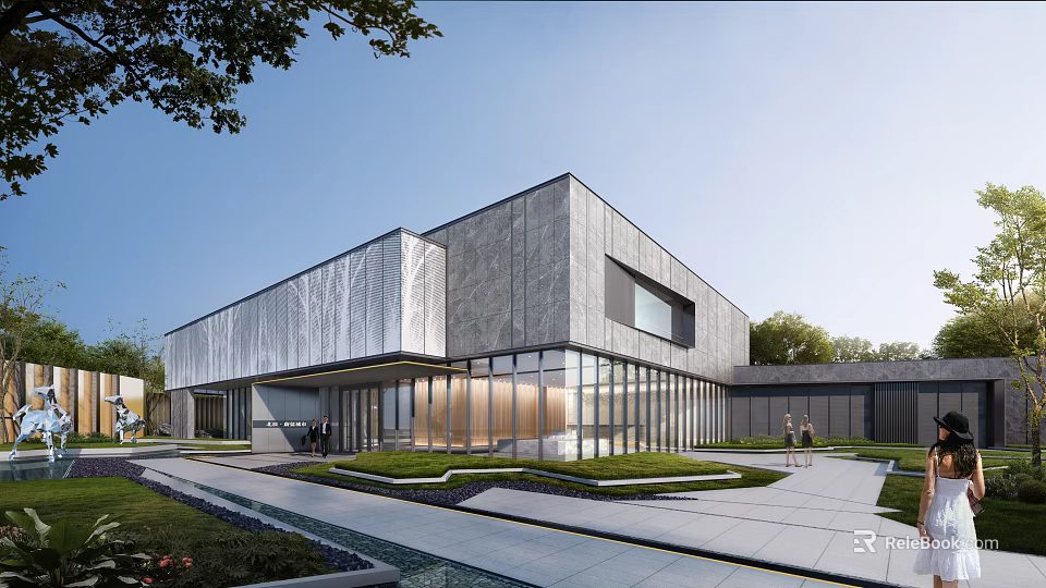 Modern Sales Office Building Featuring Gray Stone Facade Large Glass Curtain Walls And Landscaped Garden 3d model 