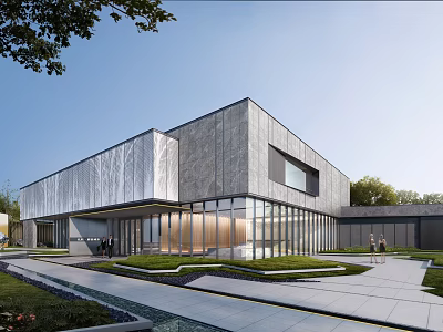 Modern Sales Office Building Featuring Gray Stone Facade Large Glass Curtain Walls And Landscaped Garden 3d model