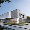 Modern Sales Office Building Featuring Gray Stone Facade Large Glass Curtain Walls And Landscaped Garden