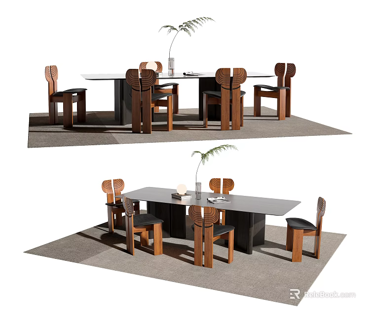 Modern Dining Table Set With Rectangular Top Wooden Chairs And Plant Decoration 3d model