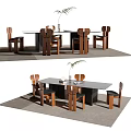 Modern Dining Table Set With Rectangular Top Wooden Chairs And Plant Decoration 3d model