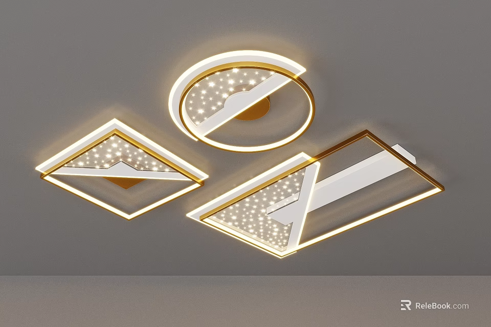 Modern Geometric Ceiling Lights Round and Diamond Shaped with Gold Frame Design 3d model 