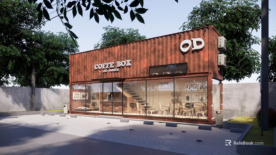 Coffee Box Container Cafe With Glass Front And Indoor Seating Area 3d model 