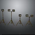 Five Square Lamps With Yellow Black Striped Tripods On Gray Reflective Floor