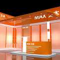 Orange Exhibition Booth With MAX Logo Reception Desk Glass Partitions And Tables Chairs
