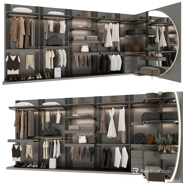 Elegant Modern Closet Interior Design With Hanging Clothes Shelves Drawers And Shoe Storage 3d model 