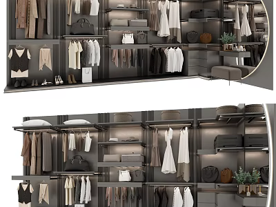 Elegant Modern Closet Interior Design With Hanging Clothes Shelves Drawers And Shoe Storage 3d model