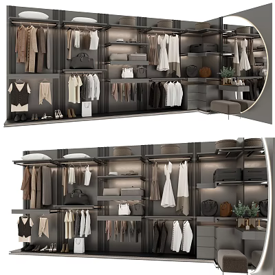 Elegant Modern Closet Interior Design With Hanging Clothes Shelves Drawers And Shoe Storage 3d model