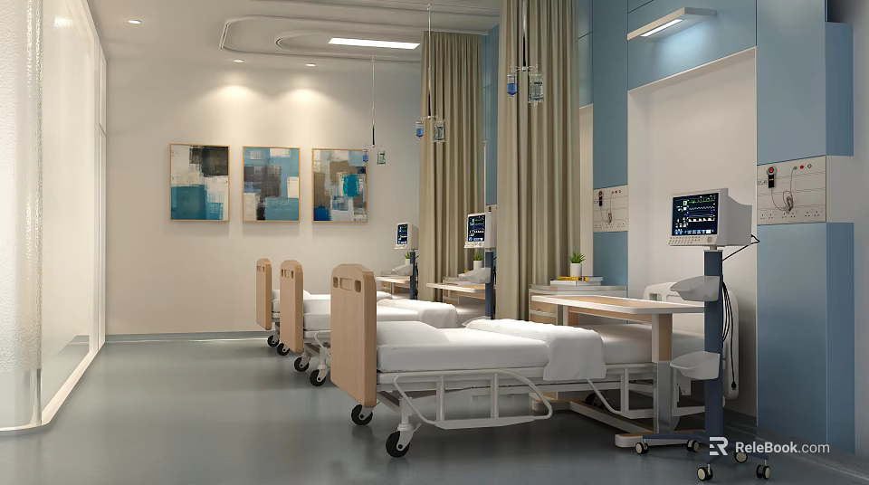 Modern Hospital Ward Interior With Multiple Beds Medical Monitors Curtains And Wall Art 3d model 