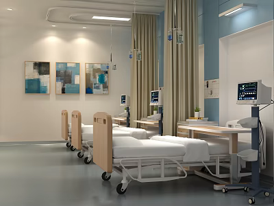 Modern Hospital Ward Interior With Multiple Beds Medical Monitors Curtains And Wall Art 3d model
