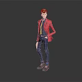 Game Movie Character With Red Coat Blue Pants Gray Hair Standing Pose Full Body