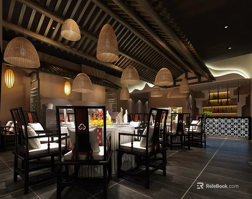 Traditional Chinese Restaurant Interior With Wicker Pendant Lights Wooden Ceiling And Dining Furniture 3d model 