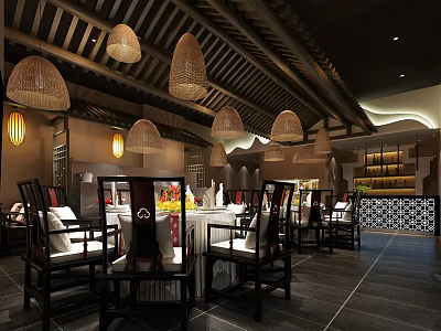 Traditional Chinese Restaurant Interior With Wicker Pendant Lights Wooden Ceiling And Dining Furniture 3d model