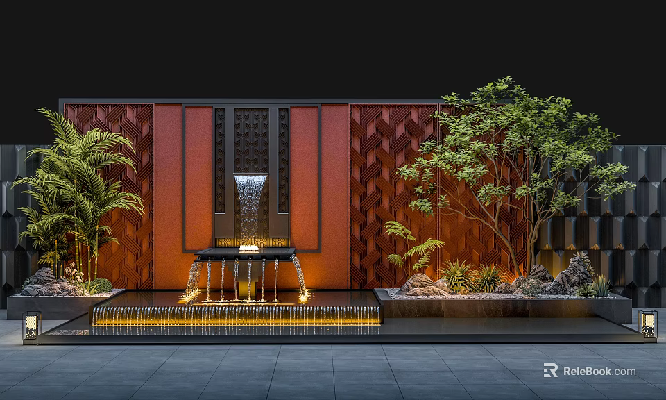 Outdoor Courtyard Design With Red Geometric Wall Water Fountain And Green Plants 3d model 