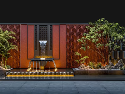Outdoor Courtyard Design With Red Geometric Wall Water Fountain And Green Plants 3d model