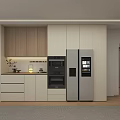 Modern Wooden Sideboard With Light Panels Storage Drawers Cabinets Open Shelves And Built-in Appliances