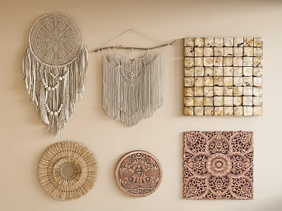 Bohemian Wall Decor Interior With Dreamcatcher Macramé Hanging Tile Woven Carved And Intricate Pieces 3d model