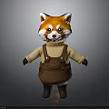 Cute Red Panda Figure Wearing Beige Sweater Brown Overalls Black Gloves And Boots