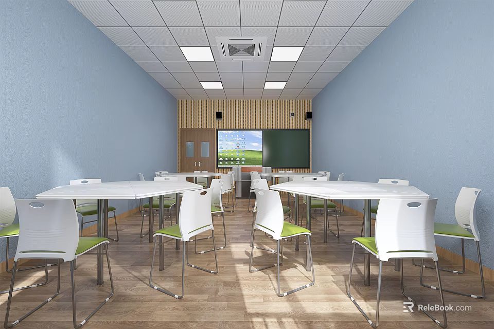School Classroom with Blue Walls White Desks Green Chairs Blackboard Projector and Wooden Floors 3d model 