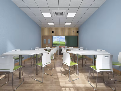 School Classroom with Blue Walls White Desks Green Chairs Blackboard Projector and Wooden Floors 3d model