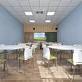 School Classroom with Blue Walls White Desks Green Chairs Blackboard Projector and Wooden Floors