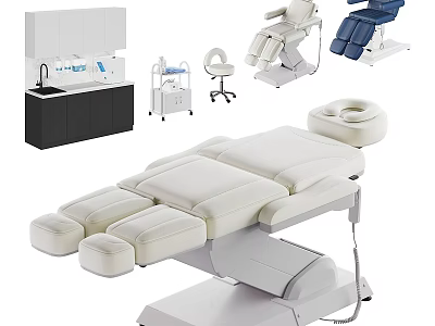 White And Blue Medical Equipment Set With Treatment Bed Cabinet Sink Trolley And Chairs 3d model