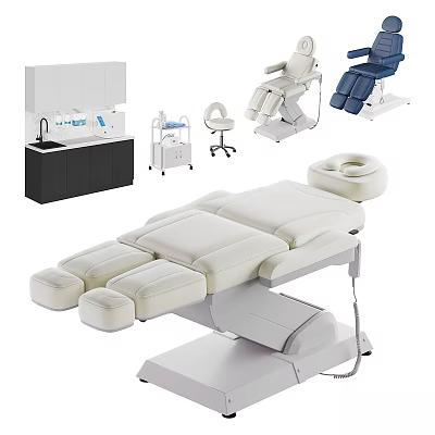 White And Blue Medical Equipment Set With Treatment Bed Cabinet Sink Trolley And Chairs 3d model