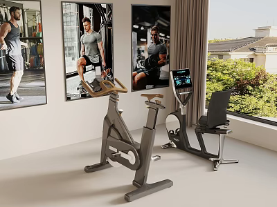 Fitness Room Interior With Exercise Bike Fitness Chair And Workout Posters By Window 3d model