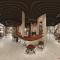 Warm Wooden Cafe Interior With Bar Counter Tables And Pendant Lights