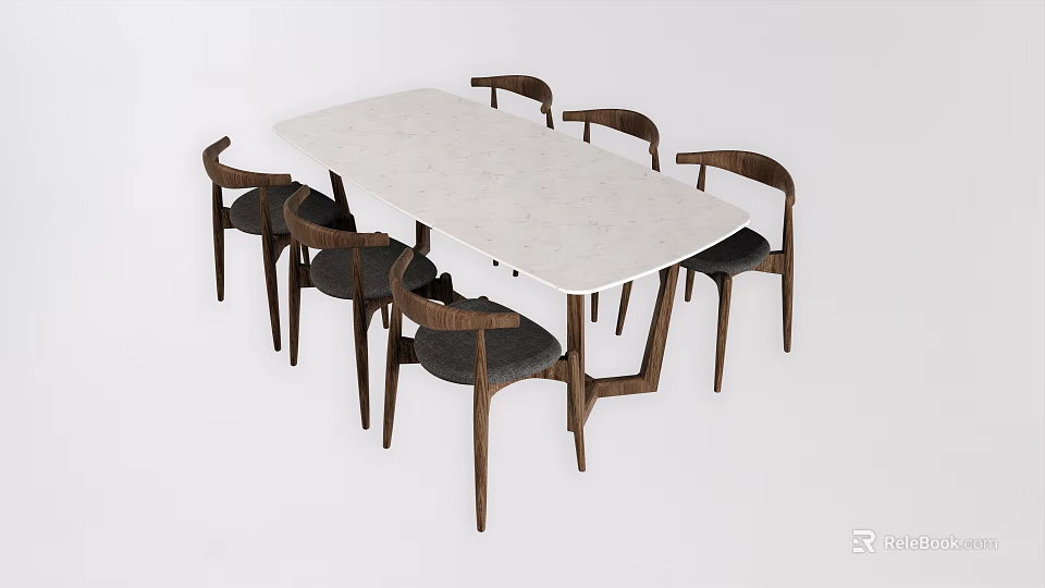 Rectangular Modern Dining Table Set With White Marble Tabletop And Six Dark Wooden Frame Chairs 3d model