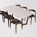 Rectangular Modern Dining Table Set With White Marble Tabletop And Six Dark Wooden Frame Chairs 3d model