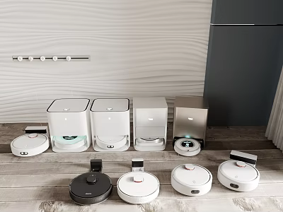 Smart Machines in Modern Kitchen Featuring Robotic Vacuums and Trash Bins 3d model