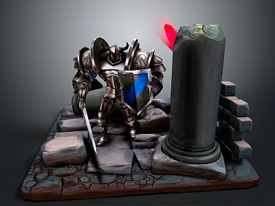 Man in Medieval Armor Holding Sword and Shield Near Burning Pillar with Stones and Bricks 3d model