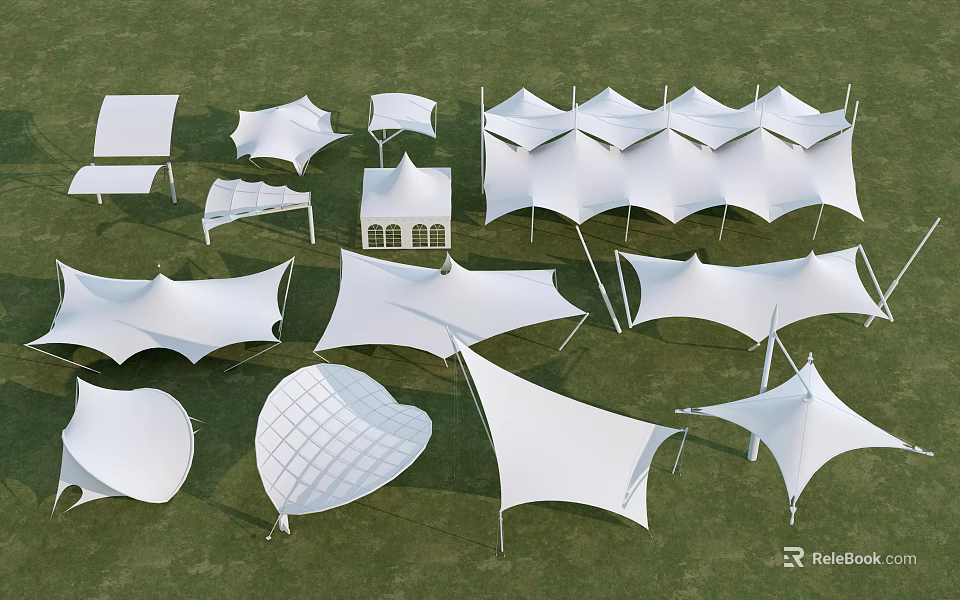 White Tensile Membrane Structures With Different Shapes On Green Grass Field 3d model