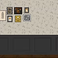Elegant Wall with Floral Patterned Wallpaper Dark Wood Paneling and Framed Artworks