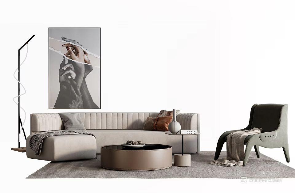 Elegant Modern Sofa Coffee Table Set With Decorative Painting Accent Chair And Rug 3d model 