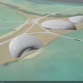 Aerial View of Coastal Island Planning with Unique Dome Buildings and Connected Roads
